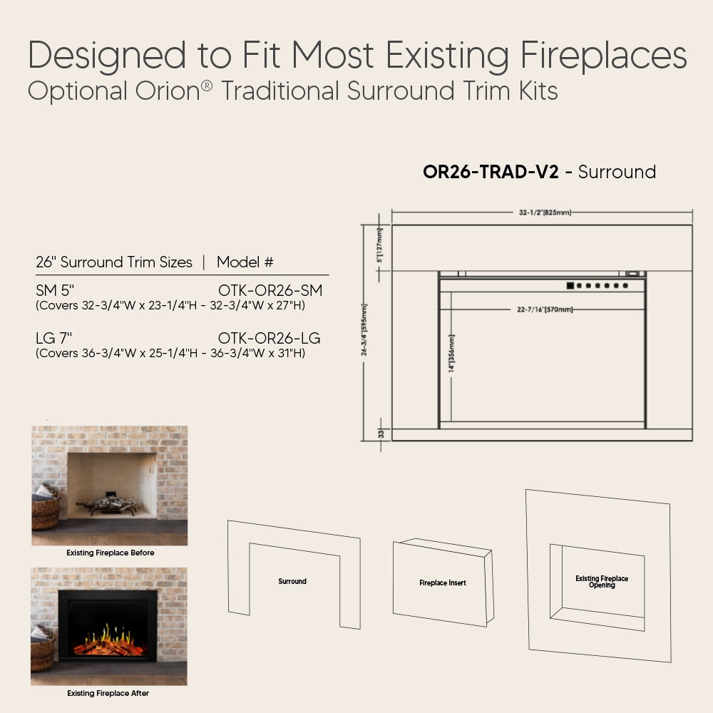 OR26-TRAD-V2 electric fireplace surround trim kit diagram with opening dimensions