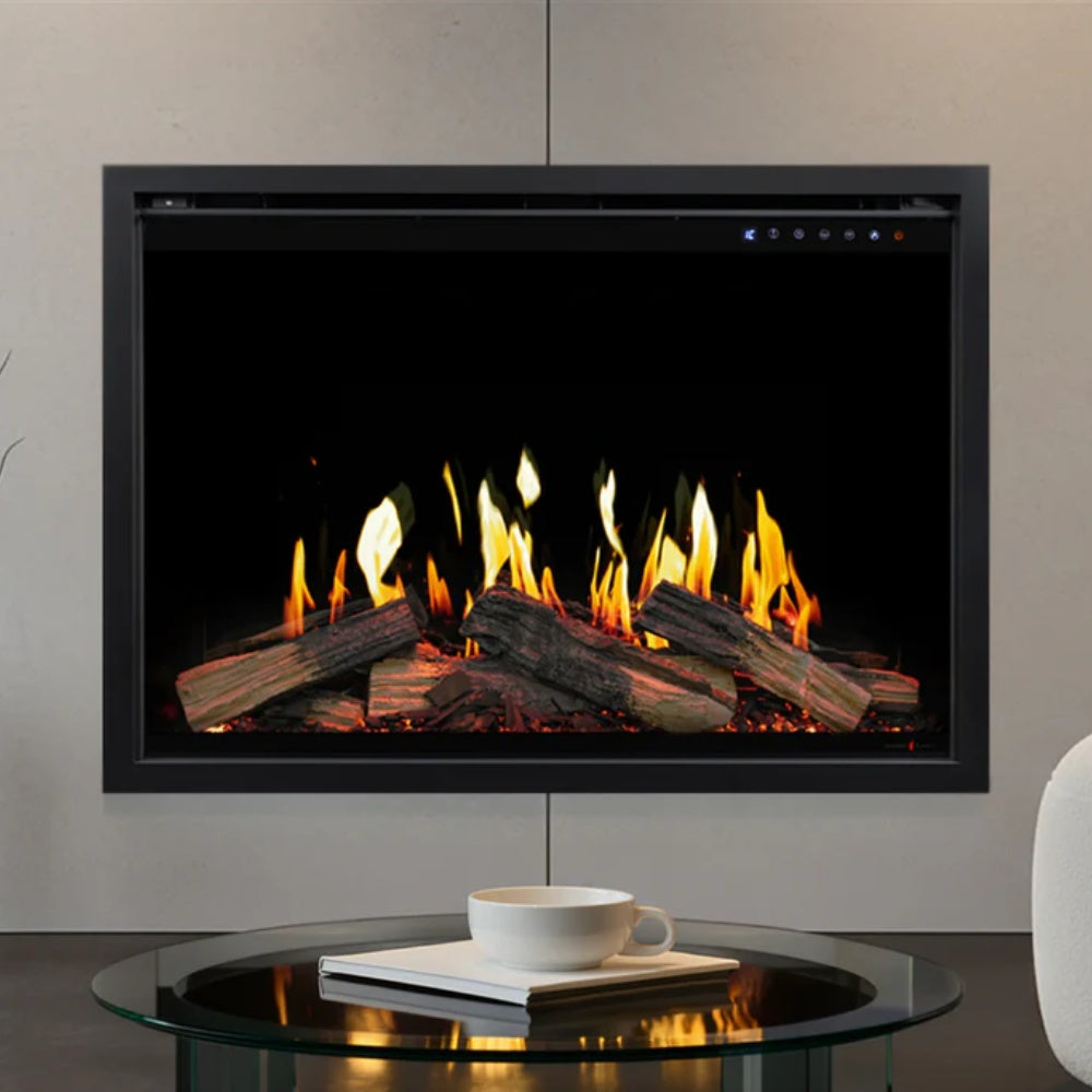 Built-in electric fireplace with black frame and bright flame effect over log bed