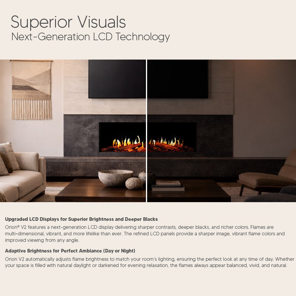 Wall-mounted electric fireplace insert showing bright orange flames in a modern room