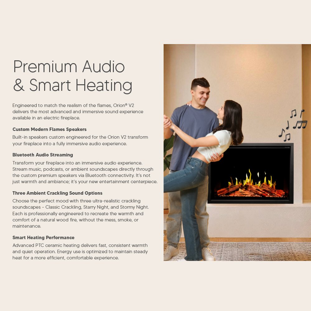 Lifestyle graphic showing people near a built-in electric fireplace with flames