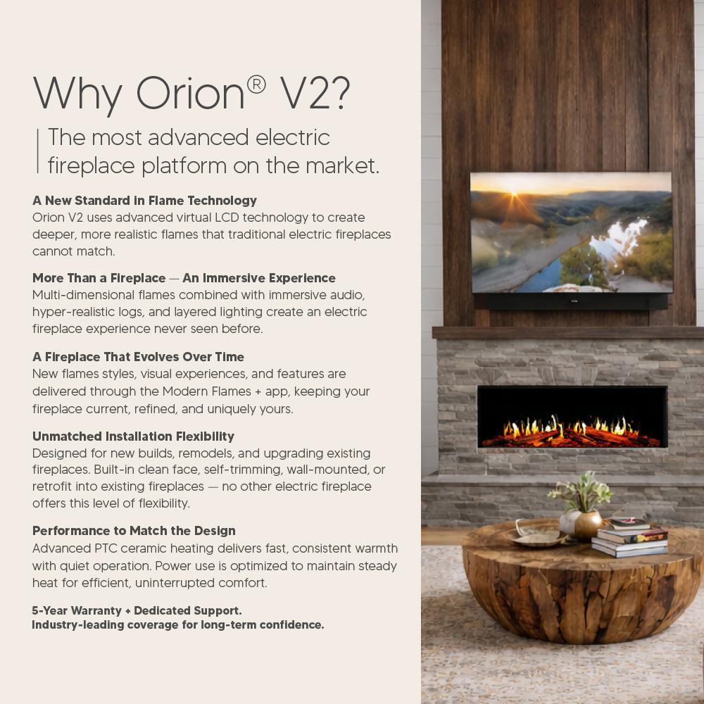 Electric fireplace with orange flame effect in a wooden wall niche, under a TV display.