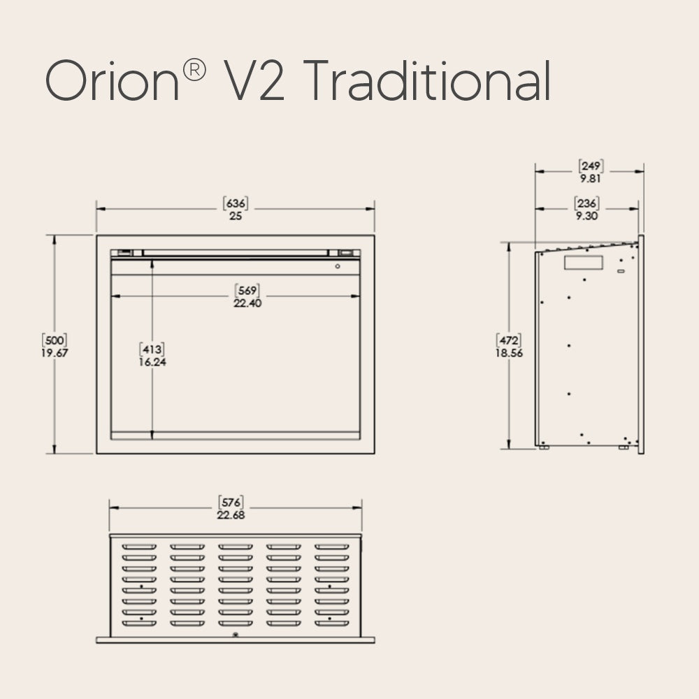 Orion V2 Traditional electric fireplace dimensions diagram with side and front views