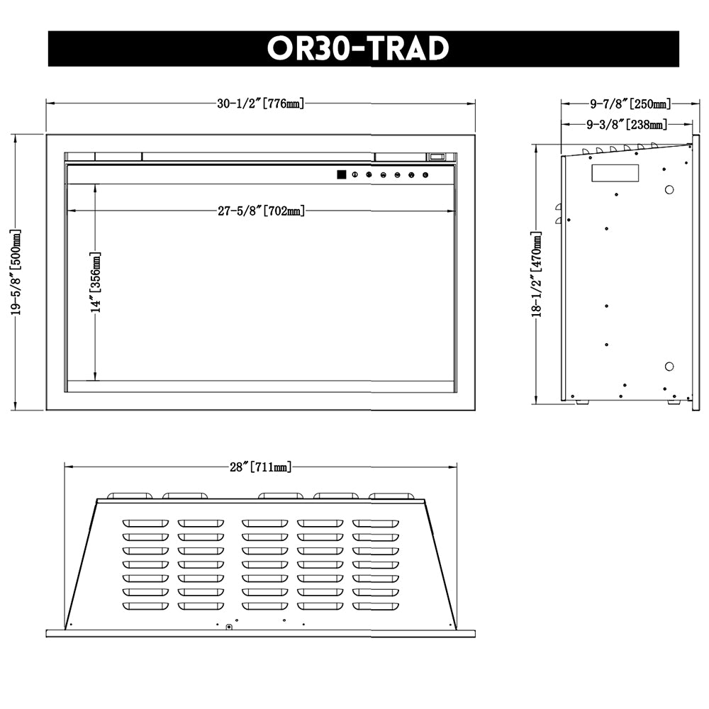 Electric fireplace insert dimension diagram with front and side measurements