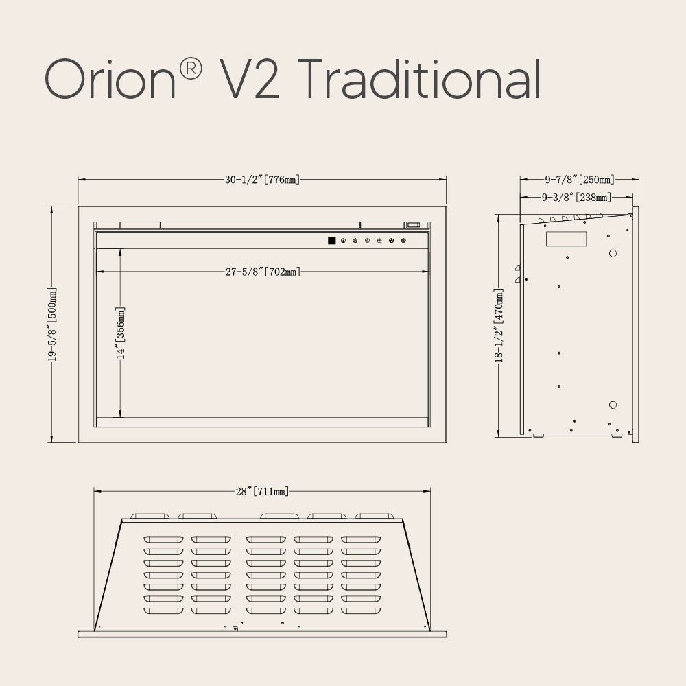 Electric fireplace traditional model dimensions diagram with front and side views