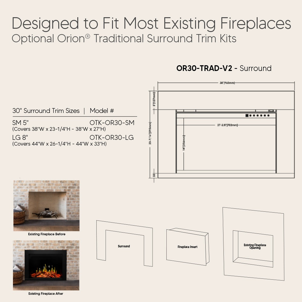 Electric fireplace insert surround trim size diagram with front opening layout