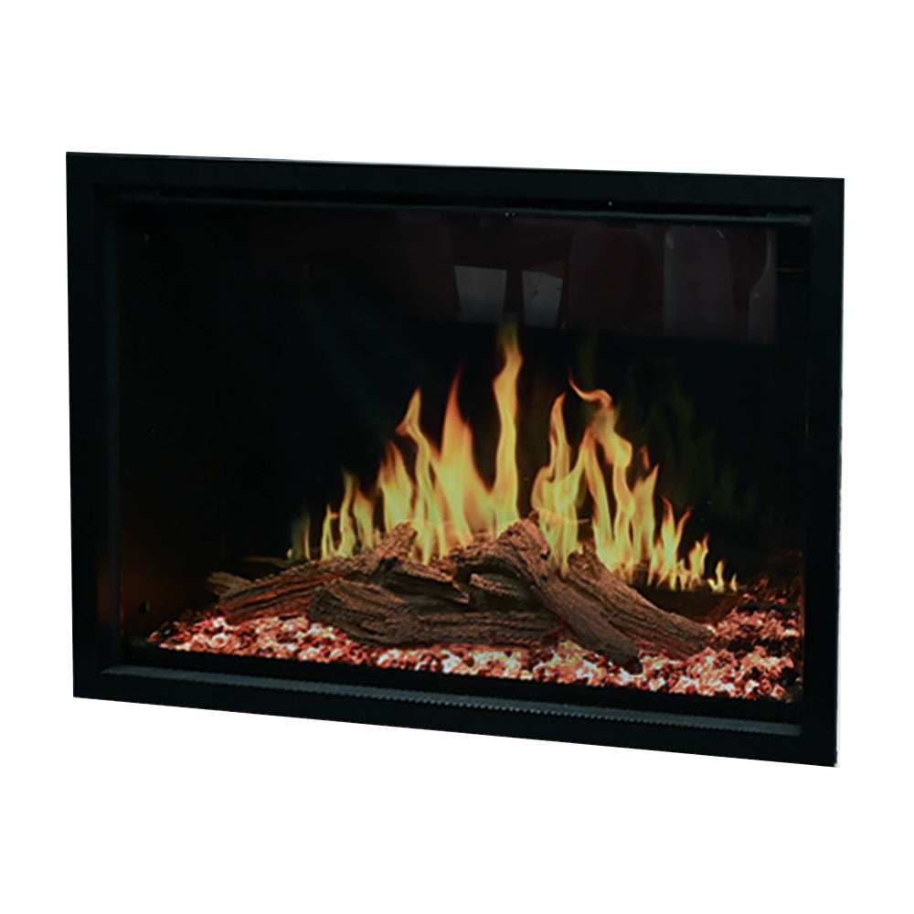 Built-in electric fireplace with black trim, flame window over logs and glowing embers