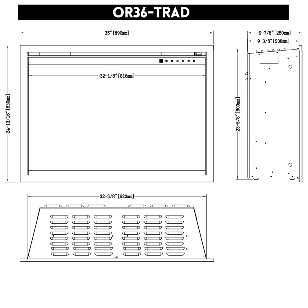 Traditional electric fireplace diagram with front view, venting, and side measurements