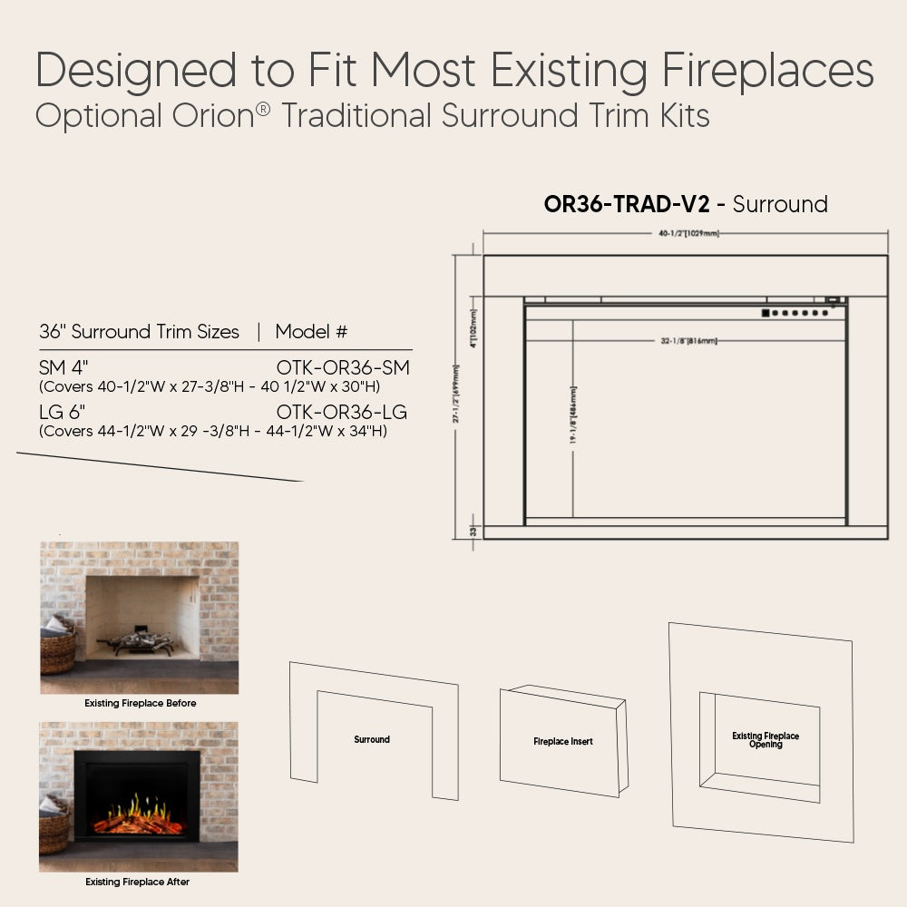 Technical diagram of 36-inch electric fireplace surround trim and insert dimensions