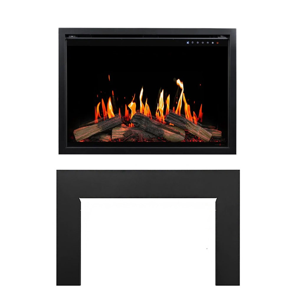 Black electric fireplace insert with flame display and log bed