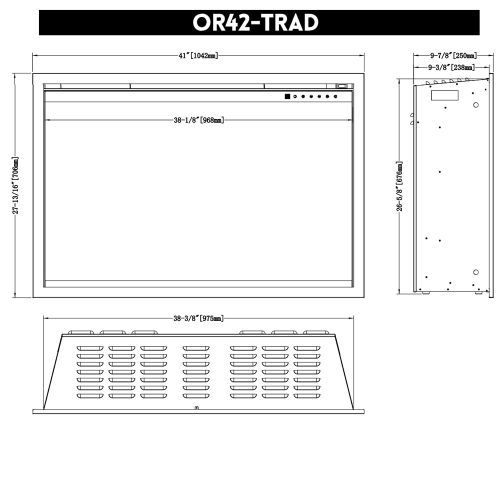 Electric fireplace dimensional diagram with front and side measurements