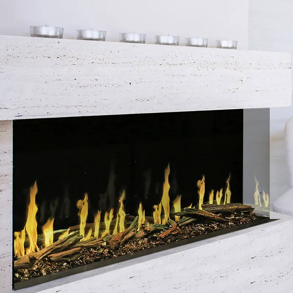 Built-in electric fireplace with white surround, black firebox, and visible yellow-orange flames