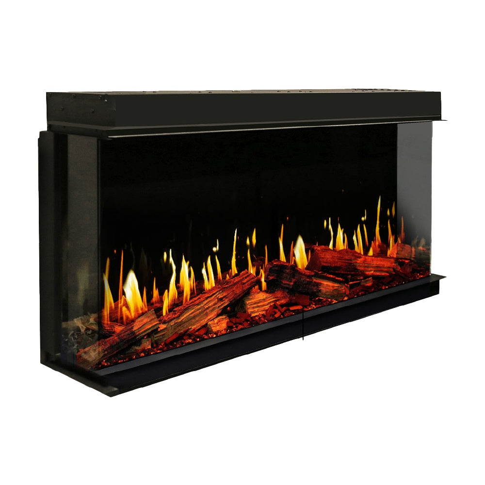 Built-in three-sided electric fireplace with black trim and orange flame display