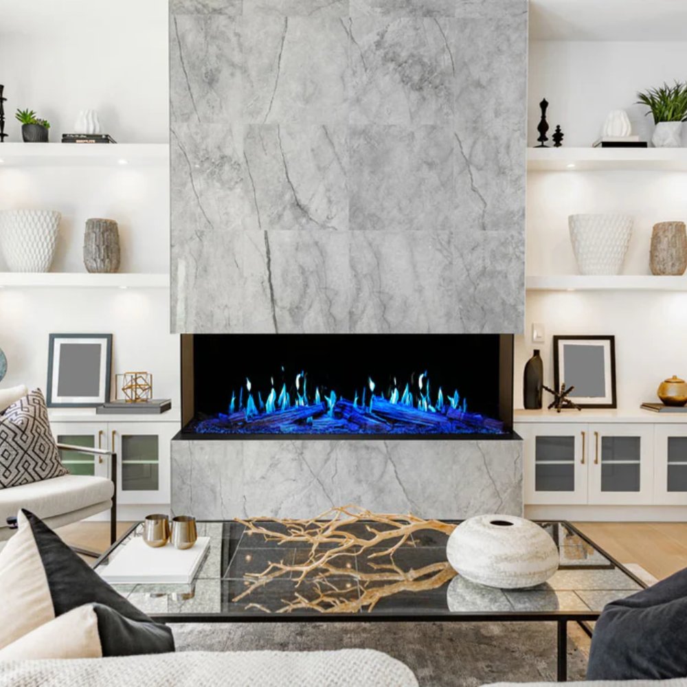 Built-in three-sided electric fireplace with multi-color blue and orange flame display