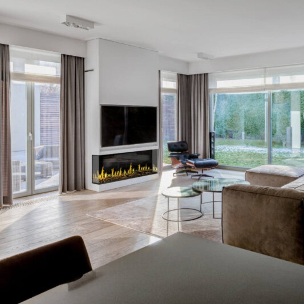Built-in electric fireplace with orange flame effect in a modern living room