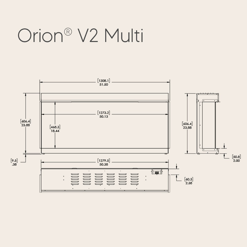 Electric fireplace unit dimensions diagram with wall-mount side profile