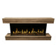 Wood-finish three-sided electric fireplace with glowing flame insert and matching mantel