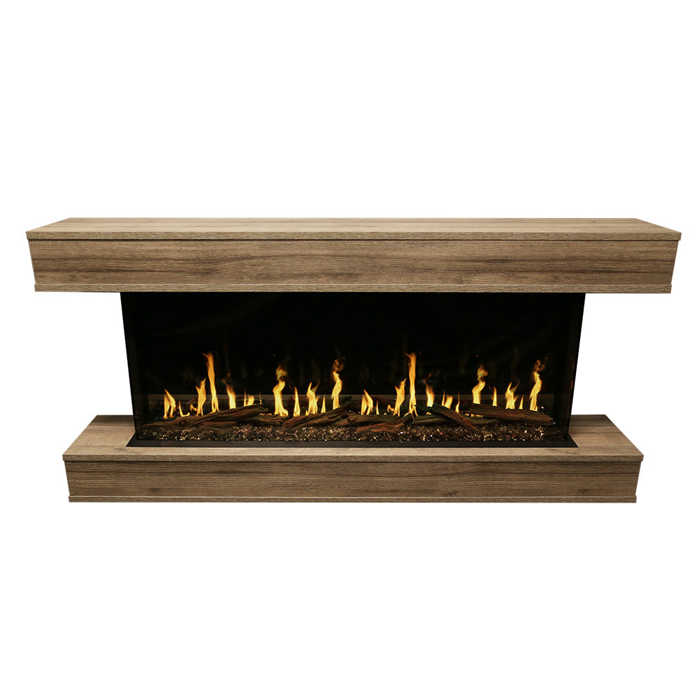 Three-sided electric fireplace with wood wall surround and multi-color flame display
