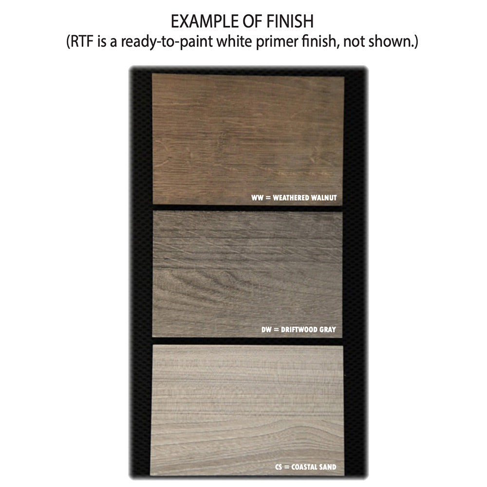 Electric fireplace finish swatches: weathered walnut, driftwood gray, coastal sand, RTF