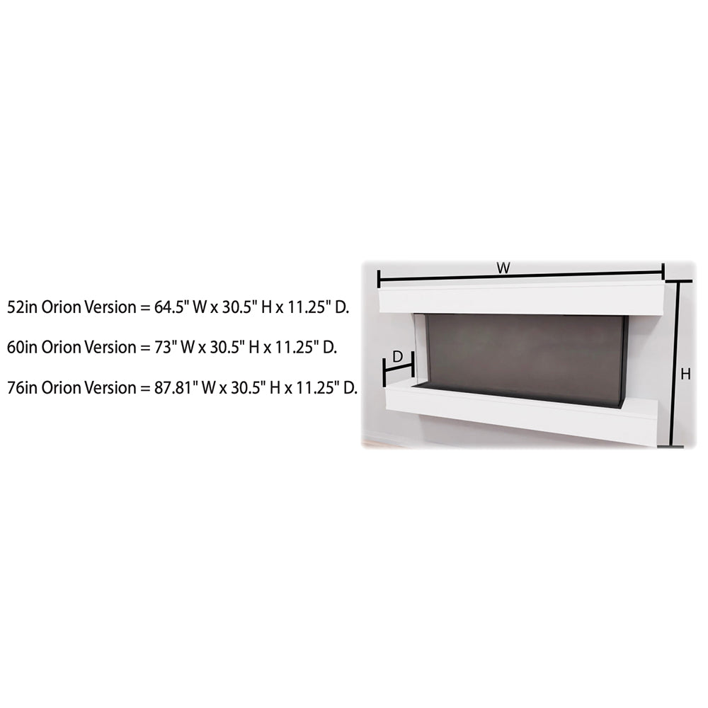 Electric fireplace wall system with open firebox and side view dimensions