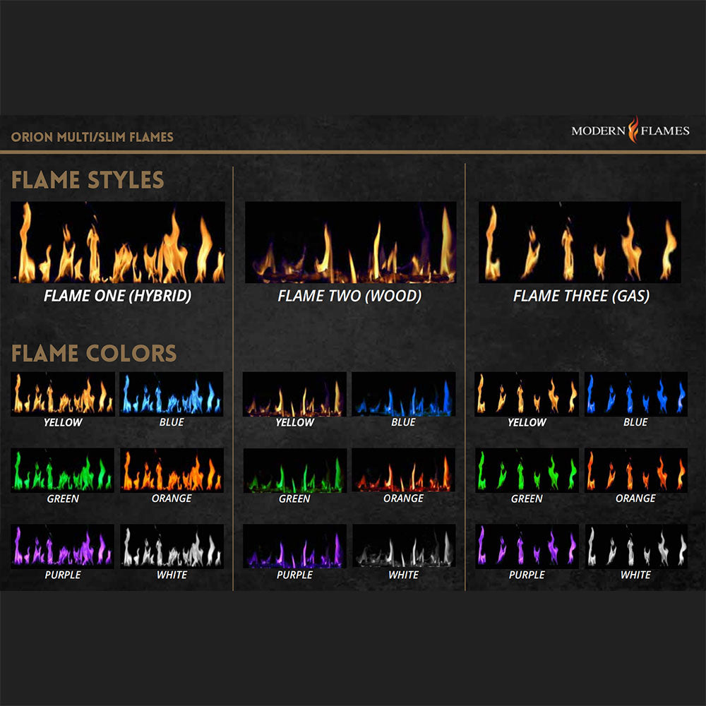 Electric fireplace flame style and flame color chart with multiple flame options