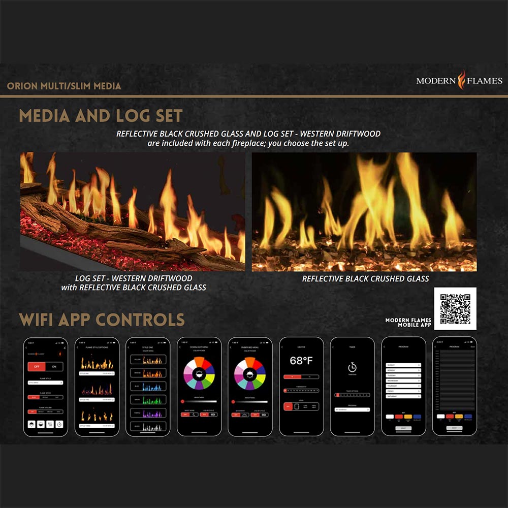 Electric fireplace media, log set, and WiFi app controls options chart