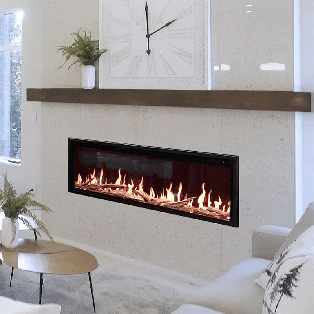 Built-in linear electric fireplace with dark firebox and glowing flame effect
