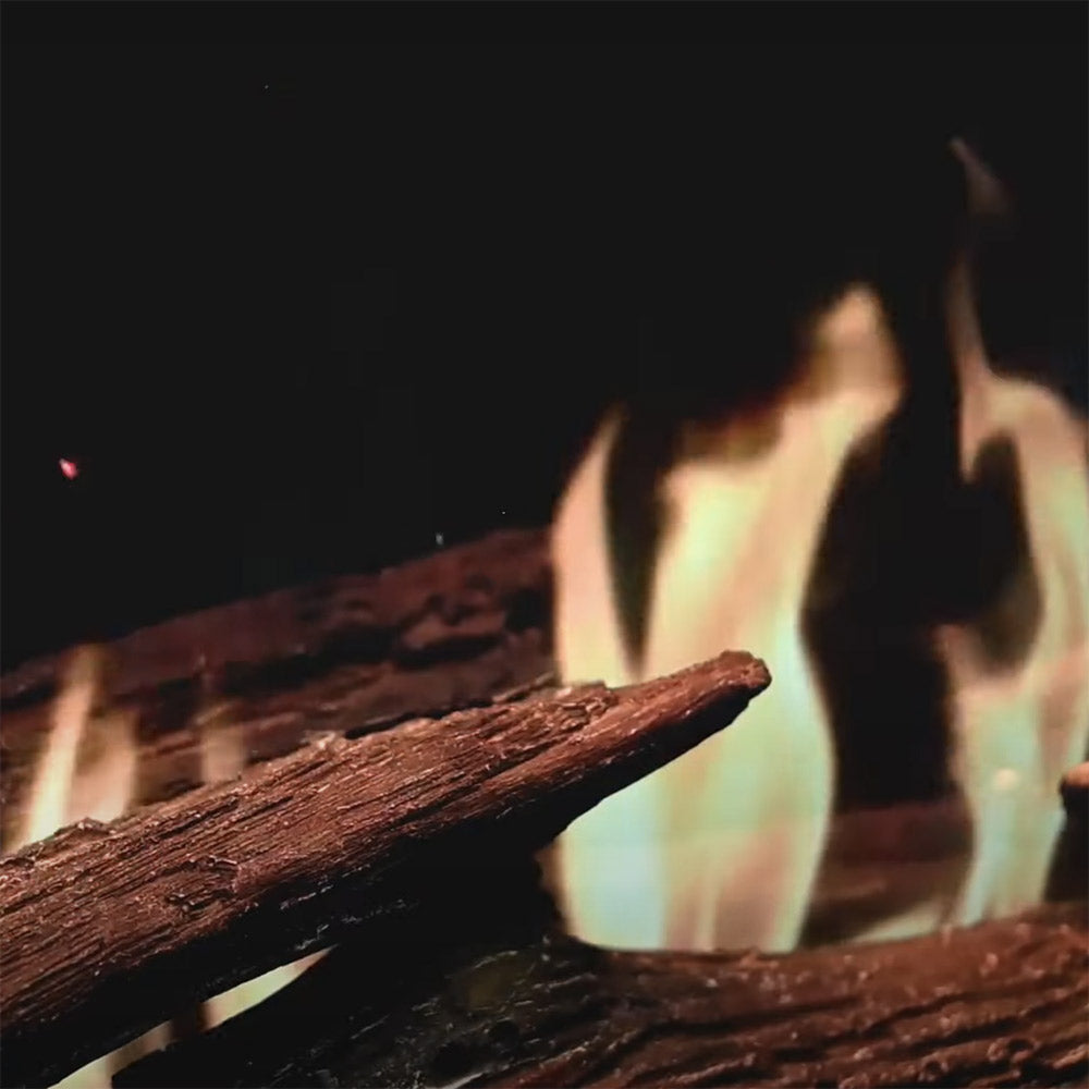 Electric fireplace flame effect with glowing embers and dark log pieces