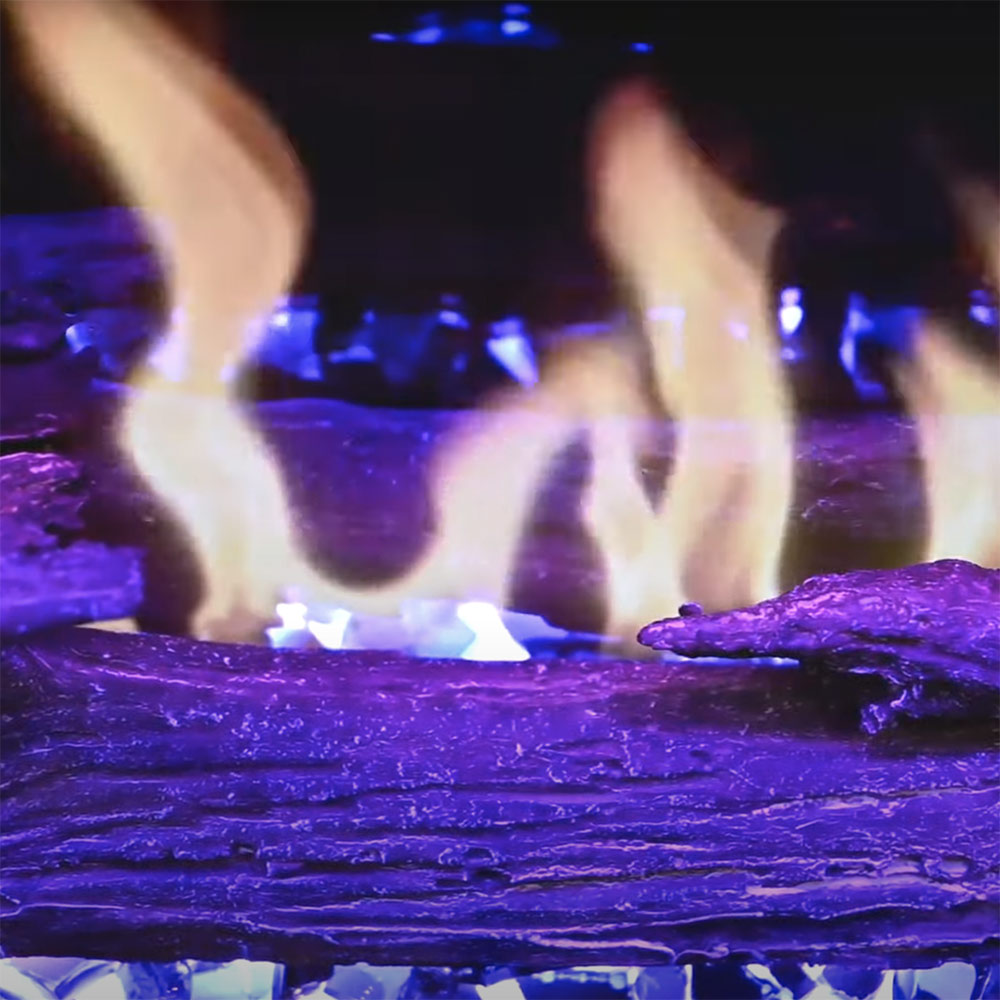 Electric fireplace flame effect with glowing embers and purple-blue light