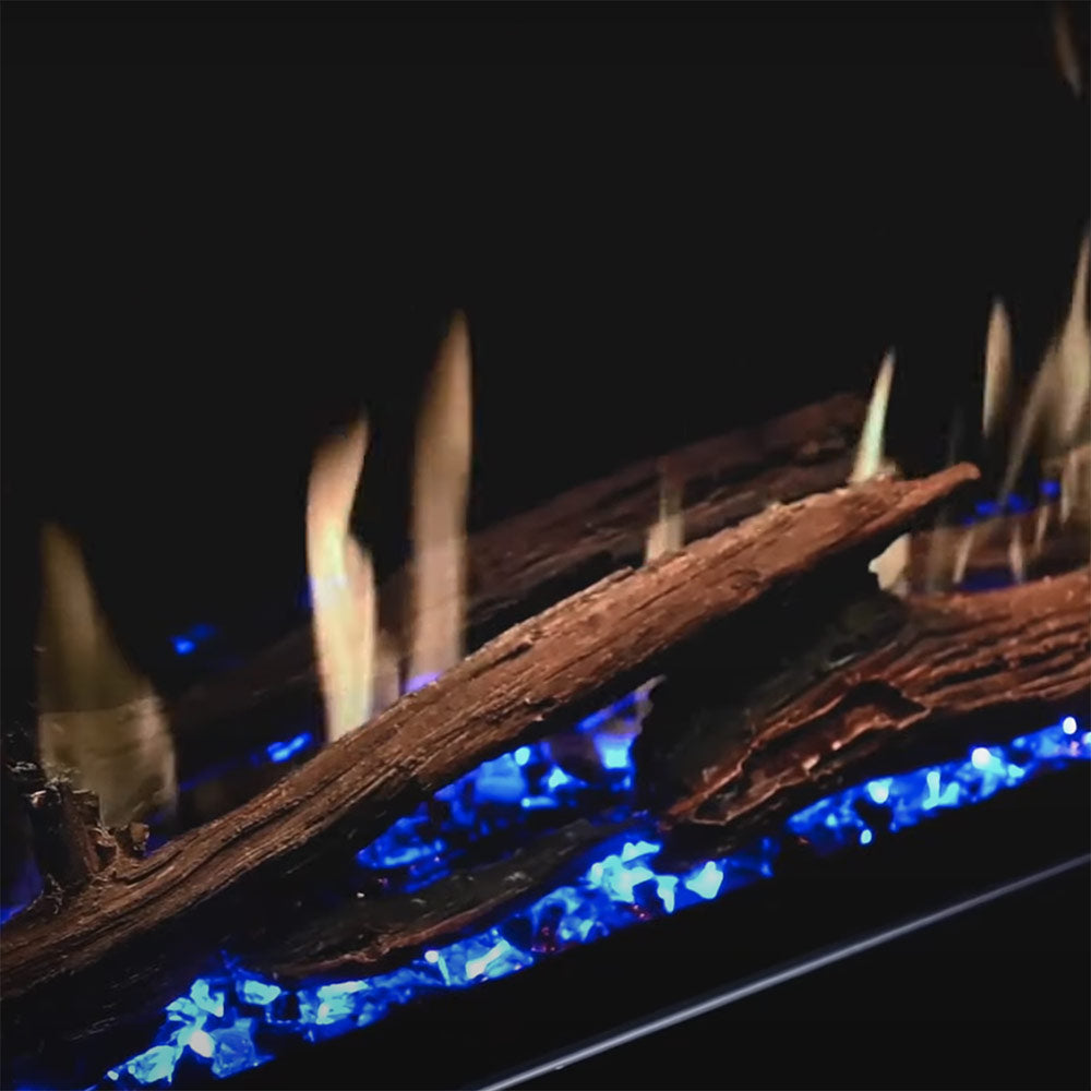 Electric fireplace flame effect with stacked logs and bright flame tips