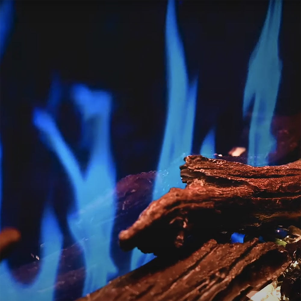 Electric fireplace flame effect close-up with dark logs and blue glow