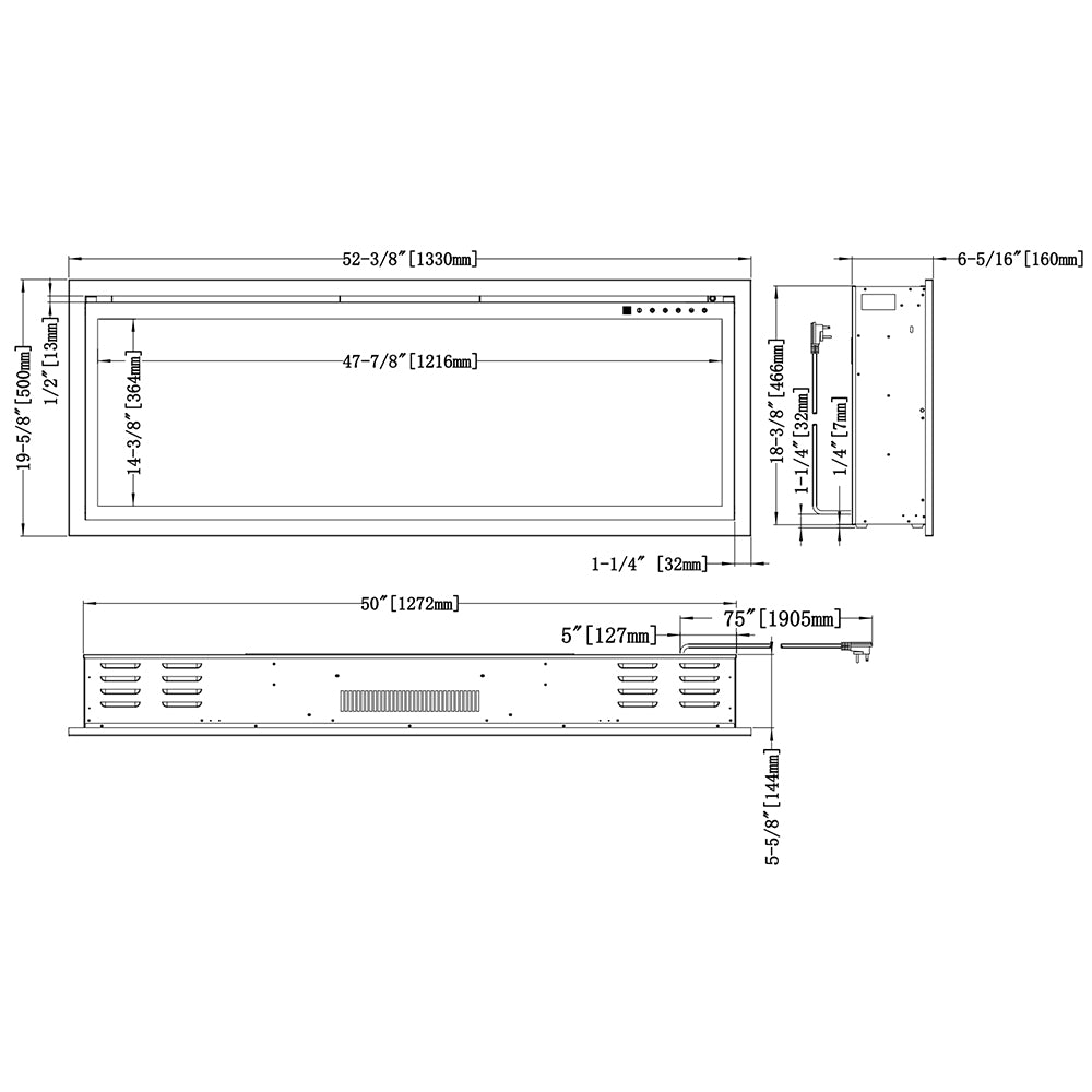 Linear electric fireplace dimension diagram showing 52-in length and depth