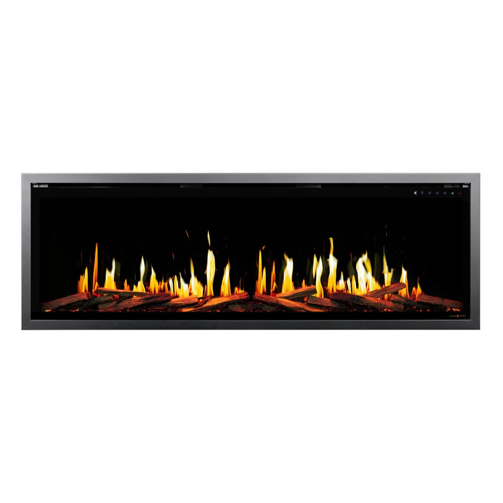 60-inch linear electric fireplace with black glass frame and flame display