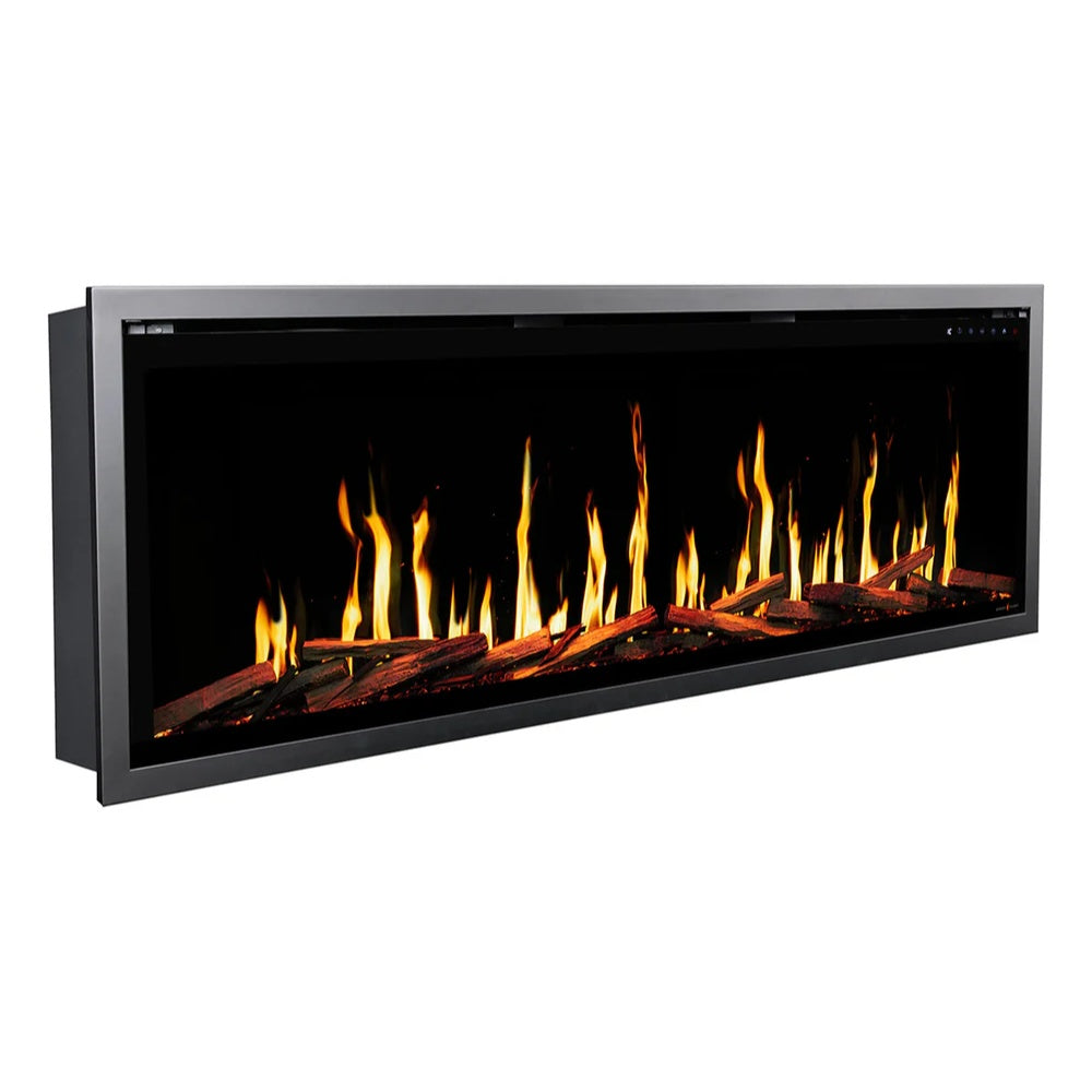 Built-in linear electric fireplace angled view with black frame and glowing flames