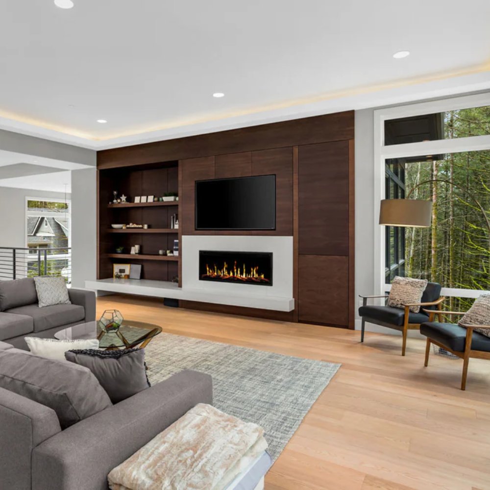 Built-in linear electric fireplace insert in white surround with active flame