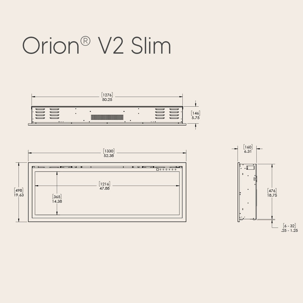 Linear electric fireplace dimension diagram with mounting layout