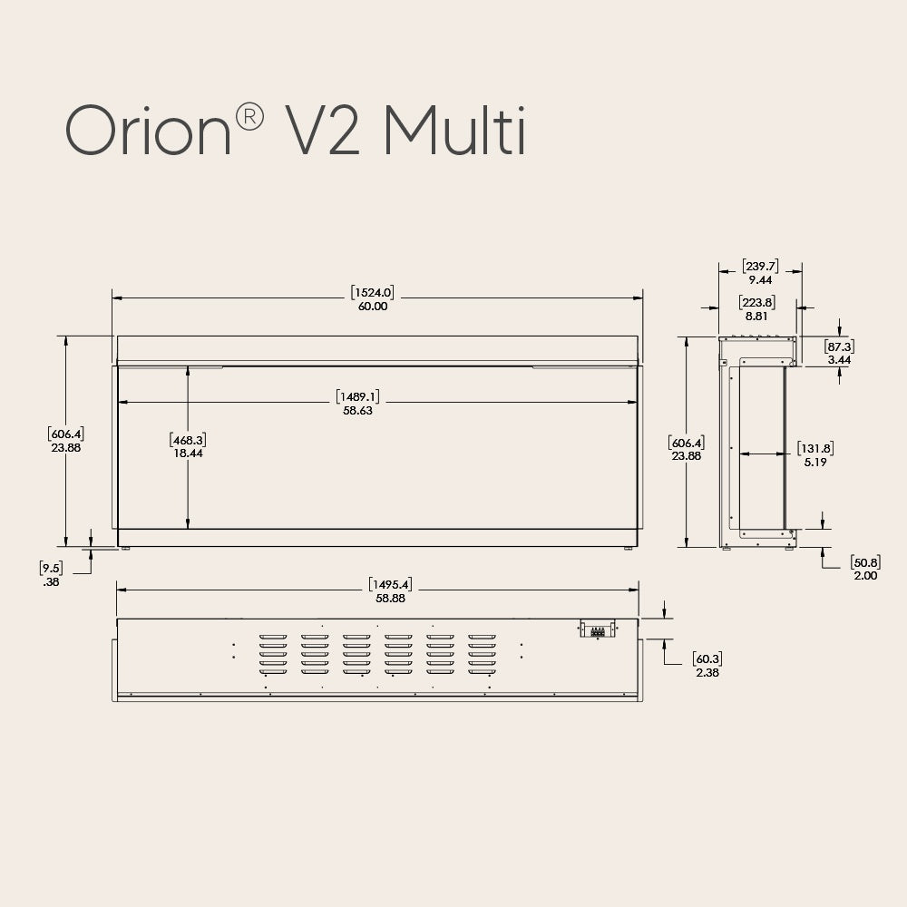 Electric fireplace technical drawing with front and side measurements diagram