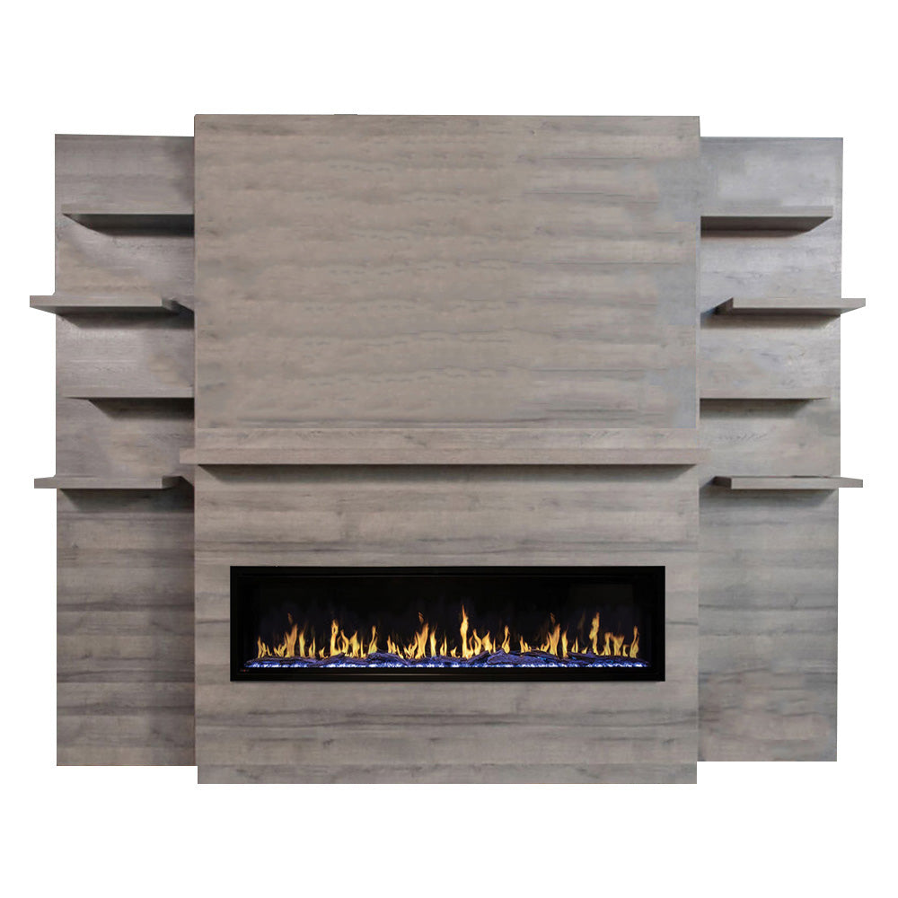 Gray linear electric fireplace wall system with flame window and built-in shelving