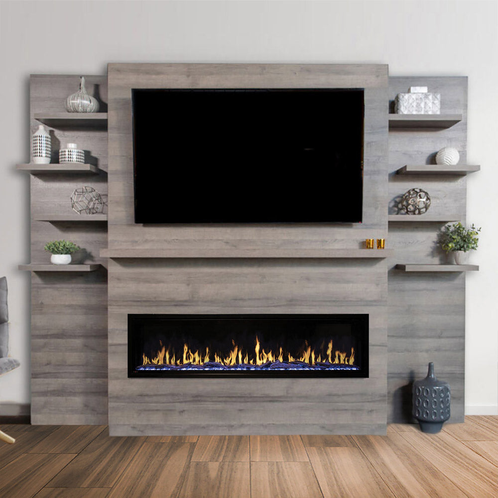 Gray electric fireplace wall system with top display opening, flame window, and shelves