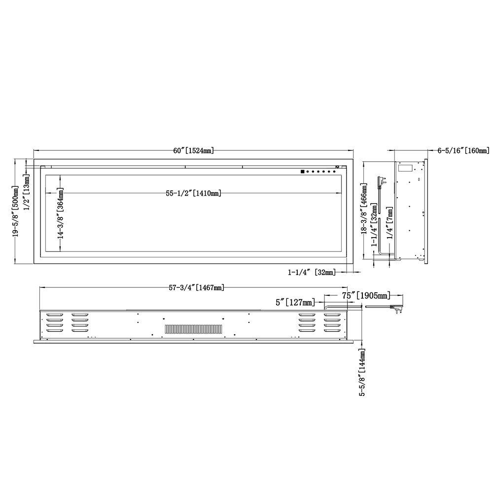 Electric fireplace dimensions line drawing with front and side views