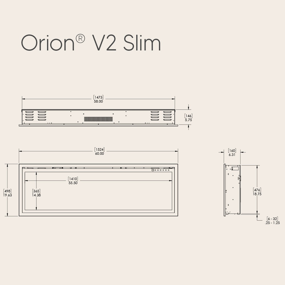 Linear electric fireplace dimension diagram with front and side views