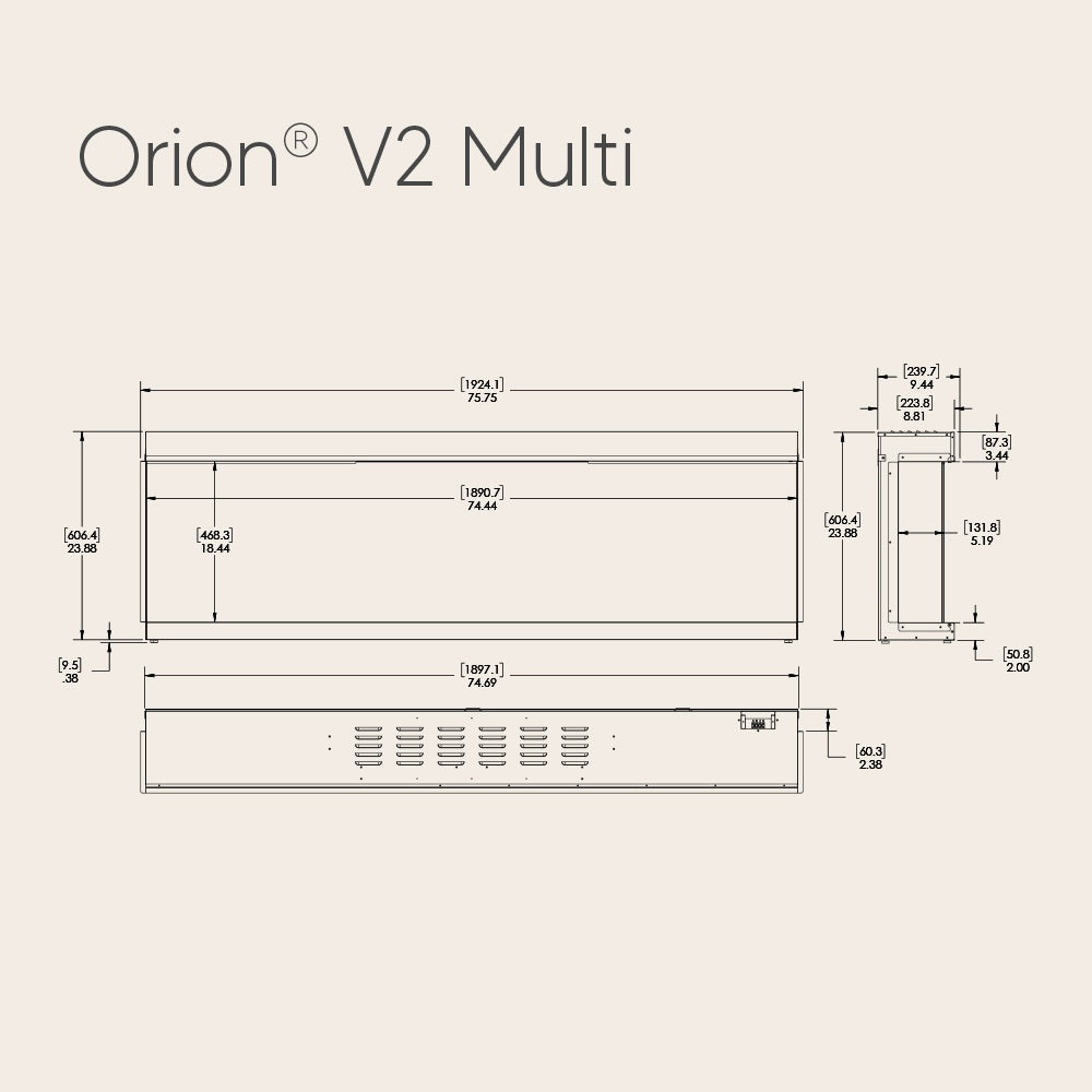Technical line drawing with dimensions for a wall-mounted multi-sided electric fireplace