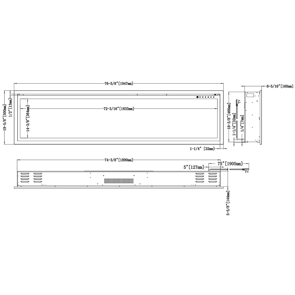 Linear electric fireplace dimensions diagram showing 76-5/8 in length and depth