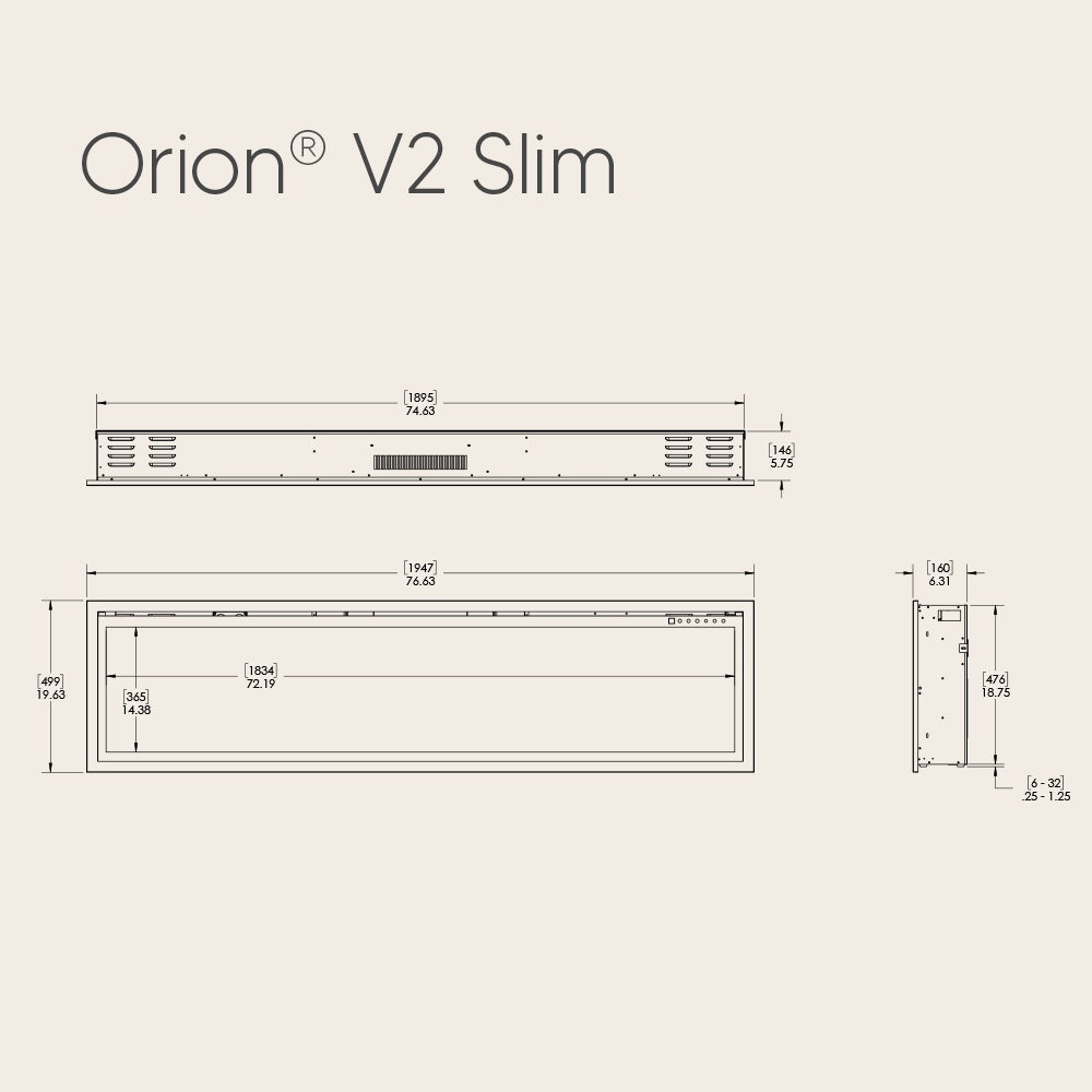 Slim linear electric fireplace line drawing with dimension measurements