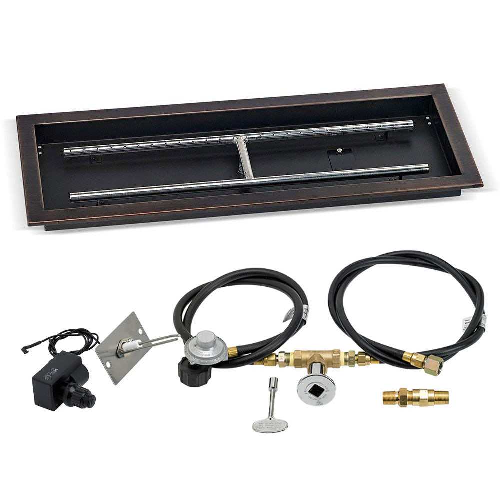 Oil-rubbed bronze rectangular fire pit burner kit with ignition module and hoses