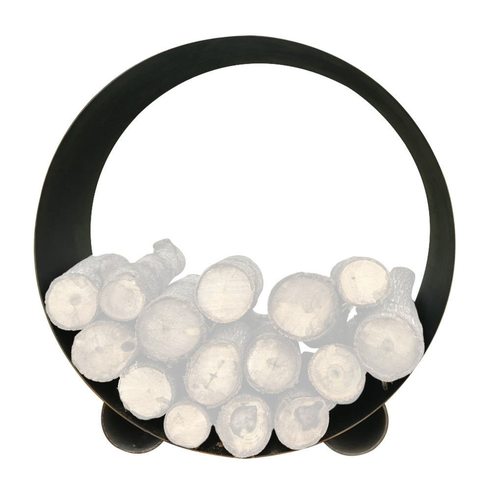 Round steel log rack with black ring handle and light log ends