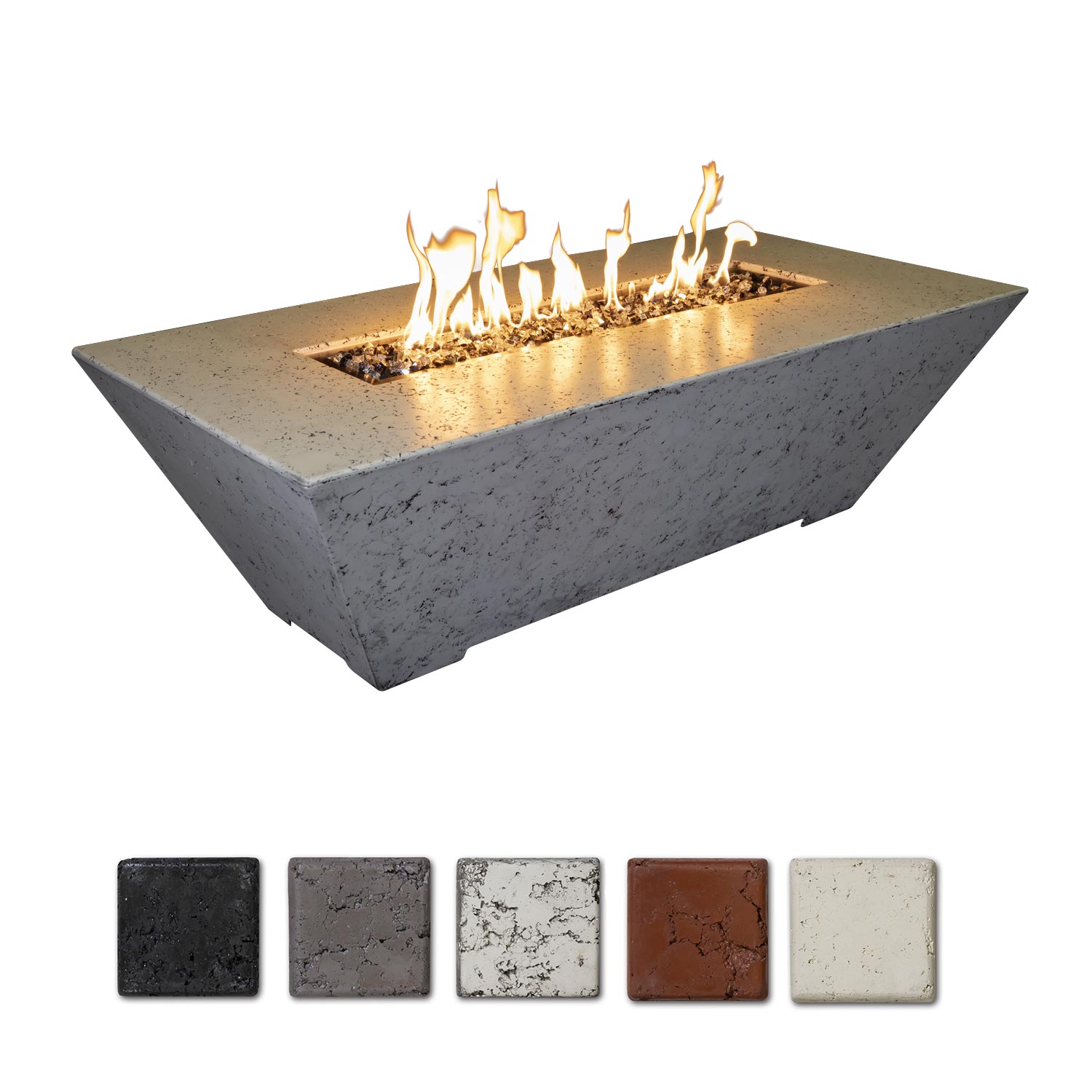Rectangular concrete propane fire pit with visible flames in the burner tray