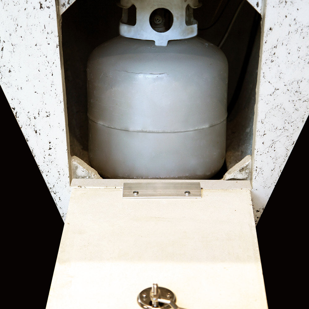 Concrete propane fire pit with propane tank stored inside the cabinet