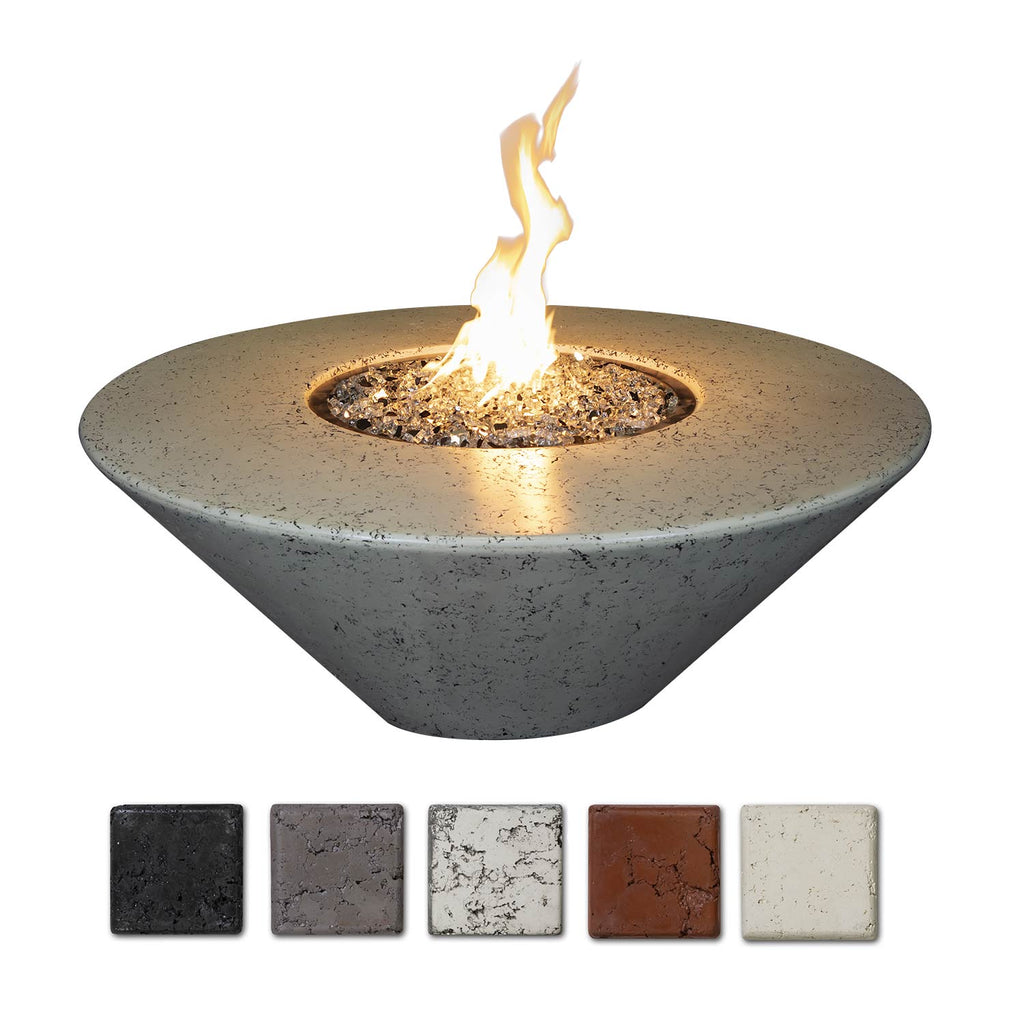 Round gray concrete gas fire pit with central burner and visible flame
