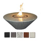 Round gray concrete gas fire pit with central burner and visible flame