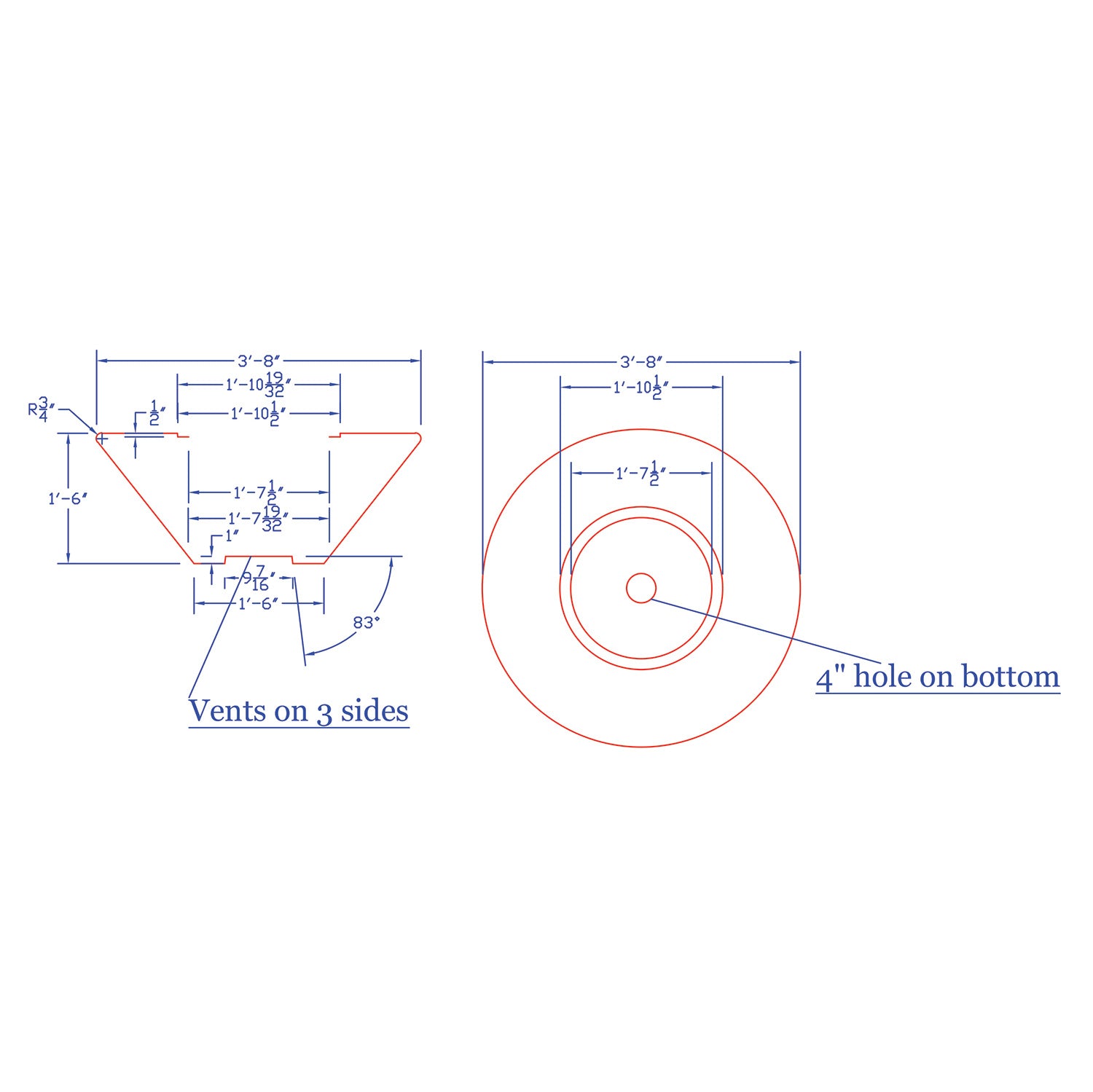Technical diagram of gas fire pit with side vents and bottom gas hole